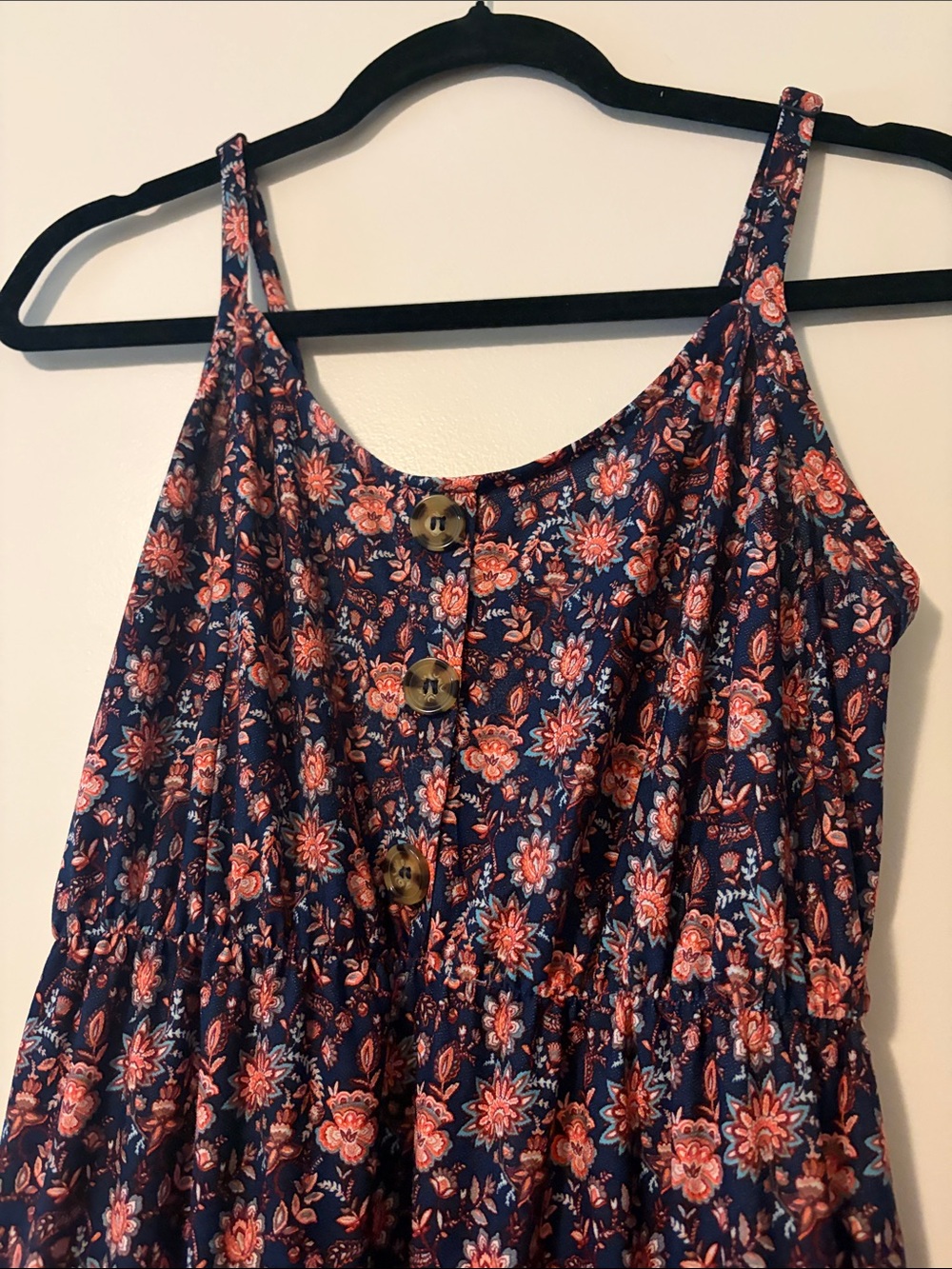 Sleeveless Navy Midi Dress with Coral Floral Border & Pockets - Small - Picture 3 of 7